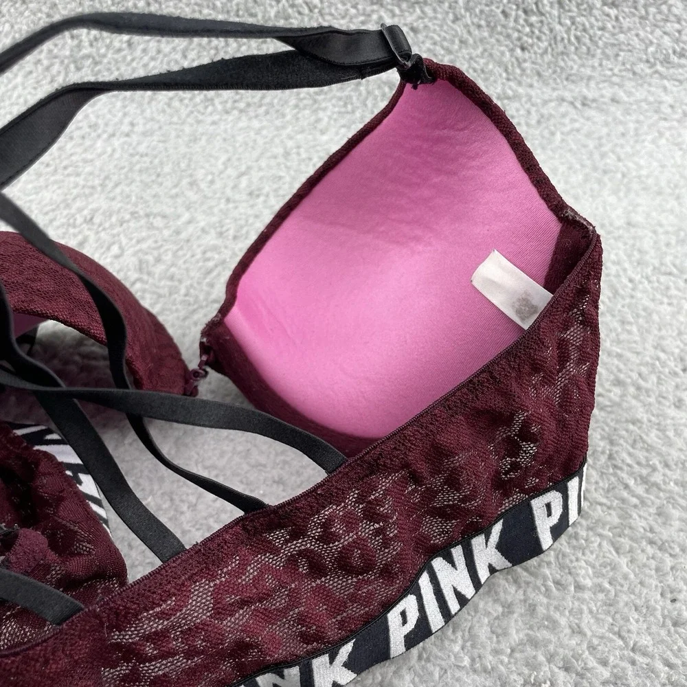 Victoria's Secret Sport Push Up Bra‎ Womens 34B Burgundy Floral Lace Underwire